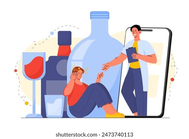 Woman with alcohol abuse. Young girl suffers from alcohol addiction. Negative feelings and emotions. Drunken person with doctor. Psychological problems. Cartoon flat vector illustration