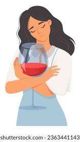 Woman with alcohol addiction hugging wineglass vector illustration isolated on white background. Social problem and female alcoholism concept