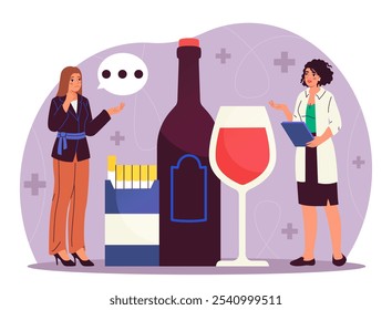 Woman with alcohol addiction. Young girl near huge glass and bottle of wine. Patient consults with doctor. Mental and psychological problems. Help from psychologist. Flat vector illustration