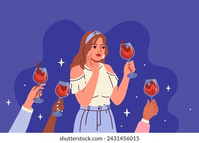 Woman with alcohol at party. Girl with cocktail in glass. Holiday and event, nightlife. Party and disco at night club. People with beverages and alcoholic drinks. Cartoon flat vector illustration