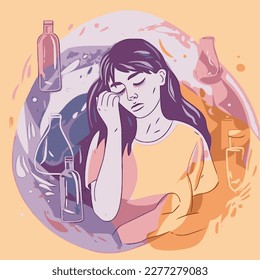 Woman with alcohol use or alcohol abuse problem, with lot of negative space, banner for Alcohol Awareness Month or dry january