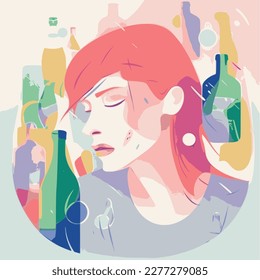 Woman with alcohol use or alcohol abuse problem, with lot of negative space, banner for Alcohol Awareness Month or dry january