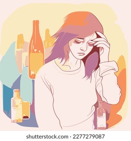 Woman with alcohol use or alcohol abuse problem, with lot of negative space, banner for Alcohol Awareness Month or dry january