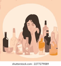 Woman with alcohol use or alcohol abuse problem, with lot of negative space, banner for Alcohol Awareness Month or dry january