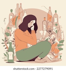 Woman with alcohol use or alcohol abuse problem, with lot of negative space, banner for Alcohol Awareness Month or dry january