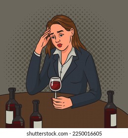 woman alcoholic drinks alone pinup pop art retro vector illustration. Comic book style imitation.