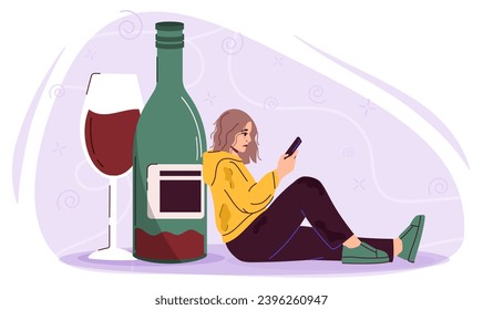 Woman with alcoholism concept. Young girl near bottle with alcoholic drink and glass. Mental disorders and addition to alcohol. Person with bad habit. Cartoon flat vector illustration