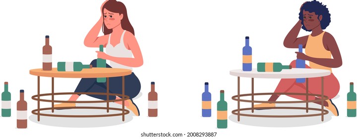 Woman with alcoholism semi flat color vector character set. Sitting figure. Full body people on white. Bad habit isolated modern cartoon style illustration for graphic design and animation collection