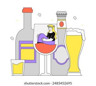 Woman with alcoholism. Young girl sits in glass. Negative feelings and emotions. Character suffers from alcohol addiction. Champagne, beer and liquor. Linear flat vector illustration