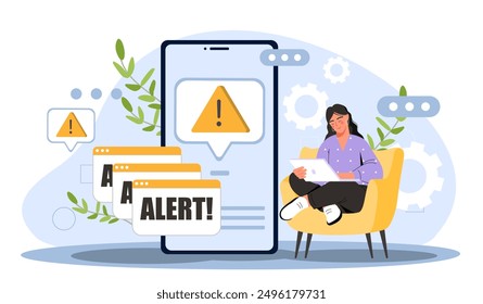 Woman with alert at smartphone. Young girl near large mobile phone with error. Antivirus warning for user. Danger, hazard and threat to gadget or device. Flat vector illustration