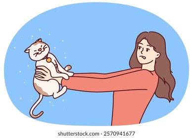 Woman is allergic to kitten and flying fur from pet and needs to take allergen suppressant pill or consult allergist doctor. Girl suffering from allergic reaction to cats looks at cute pet with fear