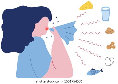 woman with allergy. causes of Allergy,  triggers. Food allergy. Trendy flat vector illustration. Isolated on white