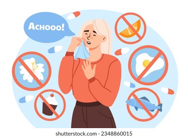 Woman with allergy concept. Young girl with allergic reaction on food and products. Citrus, fish, flowers and sugar. Medical infographic and materials. Cartoon flat vector illustration