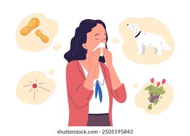 Woman allergy. Girl with handkerchief cough sneezing nose blowing, allergic reaction on fur pet flower pollen or food seasonal illness sick patient flu symptom vector illustration original artwork