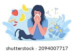 Woman with allergy from pollen, cat fur, citrus, peanuts or berry. Runny nose and watery eyes. Seasonal disease. Causes of allergy. Illness with cough, cold and sneeze symptoms. Vector illustration