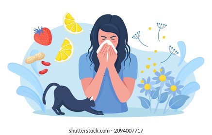 Woman with allergy from pollen, cat fur, citrus, peanuts or berry. Runny nose and watery eyes. Seasonal disease. Causes of allergy. Illness with cough, cold and sneeze symptoms. Vector illustration