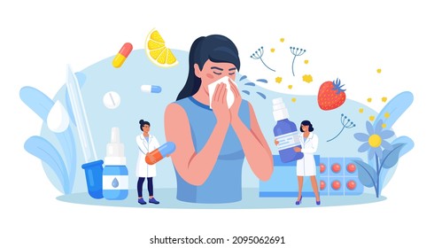 Woman with allergy from pollen, citrus, berry. Runny nose and watery eyes. Seasonal disease. Illness with cough, cold and sneeze symptoms. Doctor treat allergy with medicines, pills. Vector design