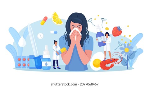 Woman with allergy from pollen, citrus, berry, shrimps, eggs. Runny nose and watery eyes. Seasonal disease. Illness with cough, cold, sneeze symptoms. Doctor treat allergy with medicines, pills