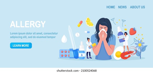 Woman with allergy from pollen, citrus, berry, shrimps, eggs. Runny nose and watery eyes. Seasonal disease. Illness with cough, cold, sneeze symptoms. Doctor treat allergy with medicines, pills