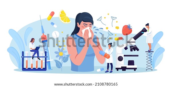 Woman with allergy from pollen, citrus, berry.\
Runny nose and watery eyes. Seasonal disease. Illness with cough,\
cold, sneeze symptoms. Doctor treat allergy with medicines, pills\
Examination in clinic