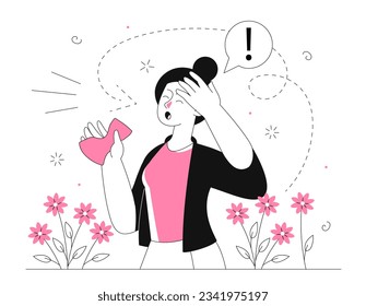 Woman with allergy pollen line. Young girl sneezes from pollen from flowers. Illness and disease of summer and spring season. Linear flat vector illustration isolated on white background