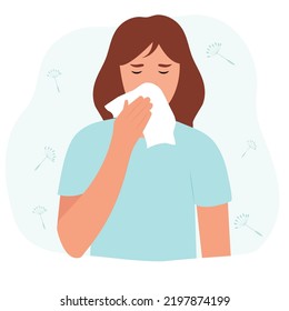 Woman with allergy.  Runny nose and watery eyes.Pretty girl or young woman is sneezing into a tissue . Vector illustration