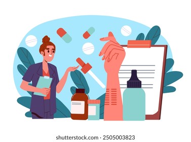 Woman with allergy test. Young girl in medical uniform with pills and smear. Health care and medicine. Diagnosis and treatment. Flat vector illustration isolated on white background