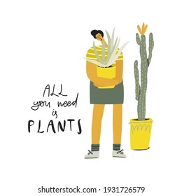 Mujer con planta de aloe vera en el maceta de flores, cita manuscrita: todo lo que necesitas son plantas. Ilustración del vector 