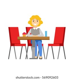 Woman Alone At The Table Eating Cupcake, Smiling Person Having A Dessert In Sweet Pastry Cafe Vector Illustration