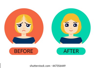 Woman with alopecia problem before and after hair treatment and transplantation. Female baldness set in cartoon style. Perfect for clinics and diagnostic centers. Vector illustration.