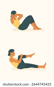 Woman alternating between crunch and knee hold exercises, targeting core strength and endurance using pilates and yoga
