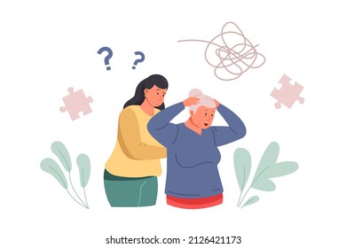 Woman alzheimer. Caregiver with elder grandma dementia, loss memory aged people, confused bewildered patient and questions, vector illustration. Caregiver old alzheimer, senior care