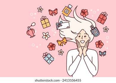 Woman among perfumes bottles and flower buds rejoices at opportunity to use aromatherapy from natural substances. Happy girl lying near perfumes or gift boxes in honor of march 8th holiday