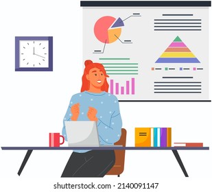 Woman analyses financial business statistics report on computer. Business data analysis, financial research concept. Businesswoman with laptop studies statistical indicators, diagrams in office