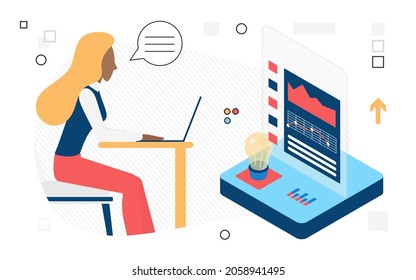 Woman analyst deals with corporation business finance analysis. Accountant for company income, modern accounting , isometric vector design isolated