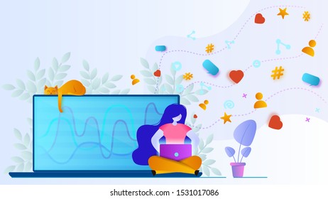 Woman analyze charts, diagram and get conversions from social networks. SMM design concept. Social media marketing vector illustration in flat style.