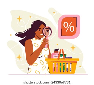 Woman analyze product. Young girl with basket with groceries. Character with magnifying glass with store or market. Quality control. Cartoon flat vector illustration isolated on beige background