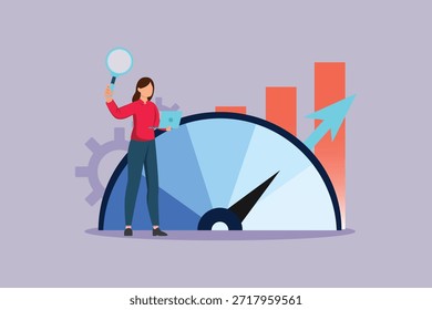A woman analyzes benchmarking data. Benchmarking Concept. Colored flat vector illustration isolated