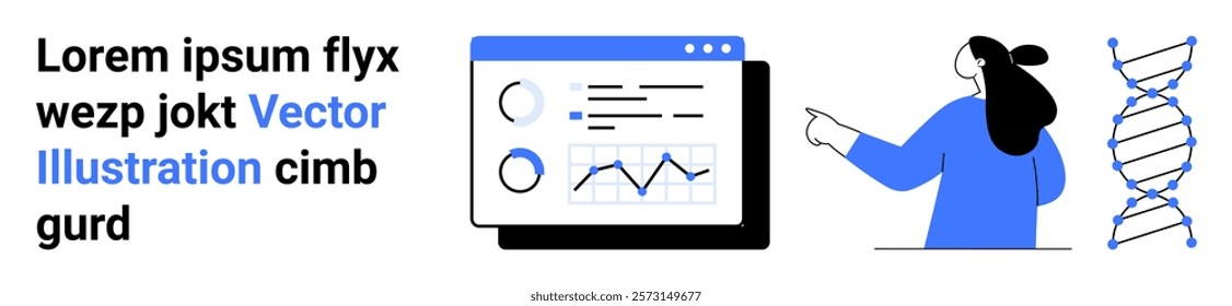 A woman analyzes data on a screen with graphs alongside a DNA helix. Ideal for science education medical research data analysis technology presentations and genetic studies. Banner for landing page