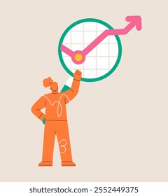 Woman analyzes growth chart through magnifying glass. Colorful vector illustration
