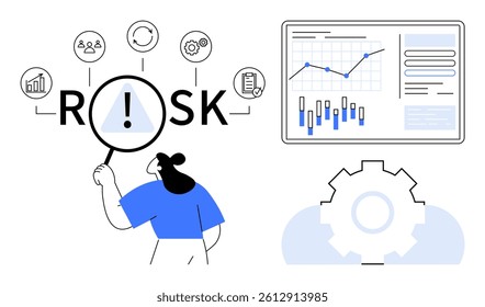 Woman analyzes risk with magnifying glass, surrounded by business icons and graphs on screen. Ideal for risk management, business strategy, data analysis, financial planning, project management