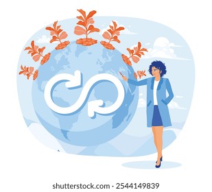 Woman analyzes sustainable economic growth with renewable energy. Green energy is environmentally friendly. Natural resources concept. Flat vector illustration.