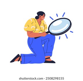 Woman analyzing with big magnifier stationery tool. Vector female person holding in hands giant magnifying glass or loupe and looking far ahead. Curious spy cartoon explorer with stationery tool
