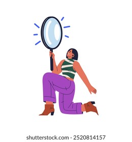 Woman analyzing with big magnifier stationery tool. Vector curious spy explorer looking at magnifier glass, female person holding in hands giant loupe and looking far ahead, flat cartoon design