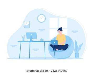 A woman analyzing business data from home, trending concept flat illustration