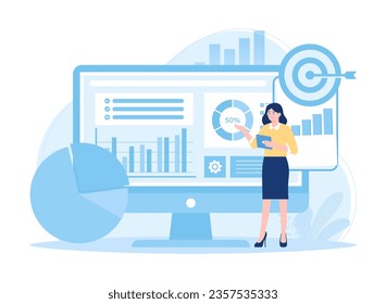 A woman analyzing business data trending concept flat illustration