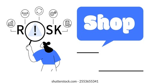 Woman analyzing business risk with magnifying glass and e-commerce shop text bubble. Ideal for business strategy, risk management, online shopping, retail analysis and e-commerce planning. Cartoon