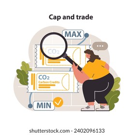 Woman analyzing CO2 levels for cap and trade, ensuring carbon credits stay within defined maximum and minimum limits. Eco-regulation concept. Flat vector illustration.