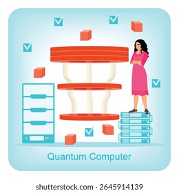 A woman analyzing cutting-edge quantum computing technology, symbolizing breakthroughs in science, innovation, and digital development. Quantum computer concept.