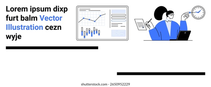 Woman analyzing data charts on diagram, holding paper and pen, laptop, clock and graphs. Ideal for business, analytics, presentations, data analysis, reporting, time management, professional work